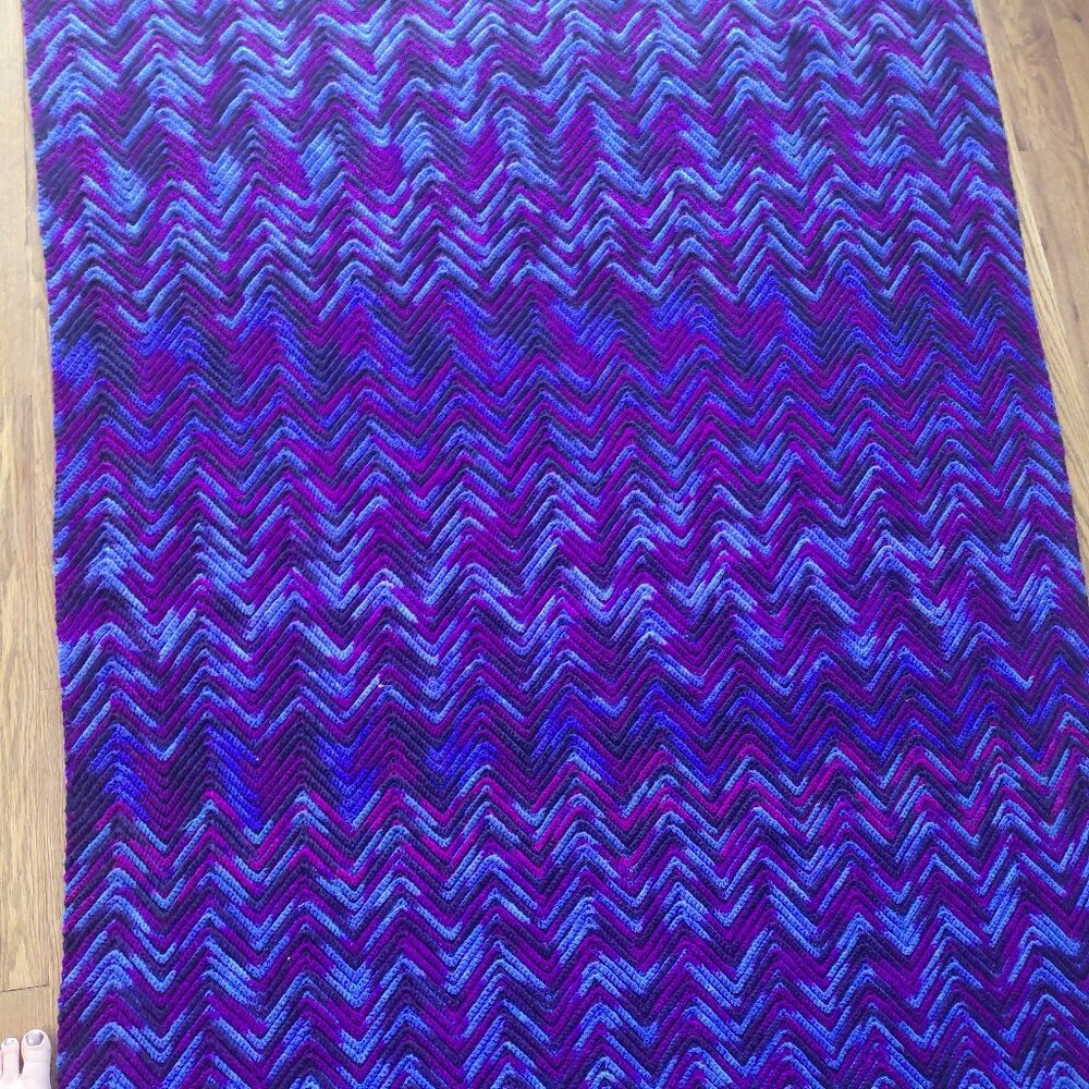 Vintage Handmade Crochet Chevron Blanket Throw Teal Purple Afghan 78x53 - Picture 3 of 11